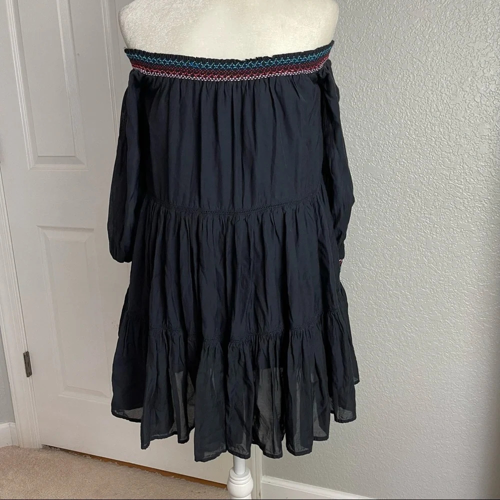 Free People Sunbeams Black Embroidered Off Shoulder BohoFestival Minidress Sz XS - Picture 8 of 12